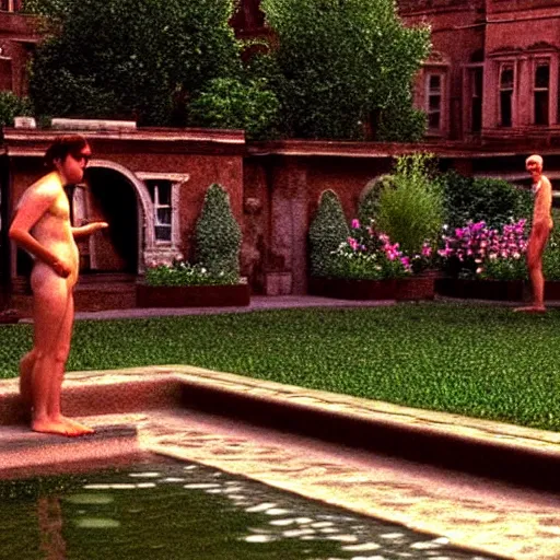 Image similar to hyperrealism photography computer simulation visualisation of parallel unreal universe detailed old bath in the detailed ukrainian village garden in dramatic scene from movie the big lebowski ( 1 9 9 8 )