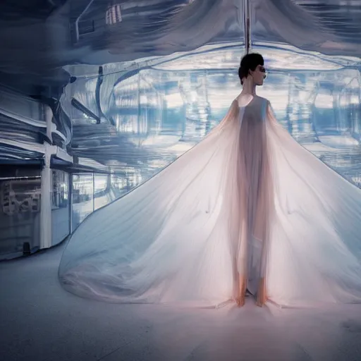 Image similar to photo by monia merlo, a woman wearing a giant inflated clear plastic dress containing an aquarium, backlit, 4 d, 4 k, volumetric lighting, photorealistic, light ray, hyperdetailed