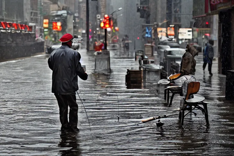 Image similar to fisherman with fishing rods catching and holding fish in a rainy new york street, photograph, natural light, sharp, detailed face, magazine, press, photo, Steve McCurry, David Lazar, Canon, Nikon, focus