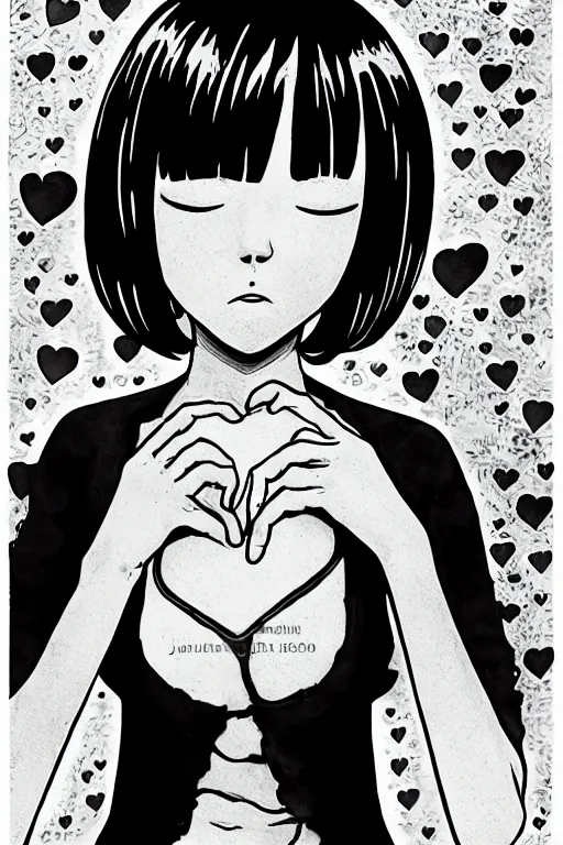 Image similar to portrait of a girl in long pants and a top, hands in pockets, eyes closed, red color heart shaped tattoo on the right hand, bob haircut, digital art, black and white, illustration by junji ito and kaoru mori