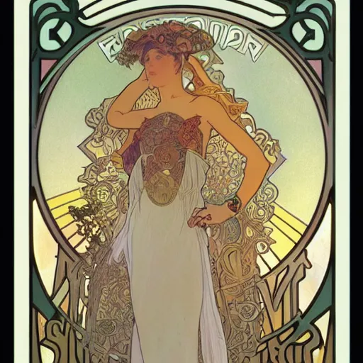 Image similar to Illustration by Alphonse Mucha of a futuristic car