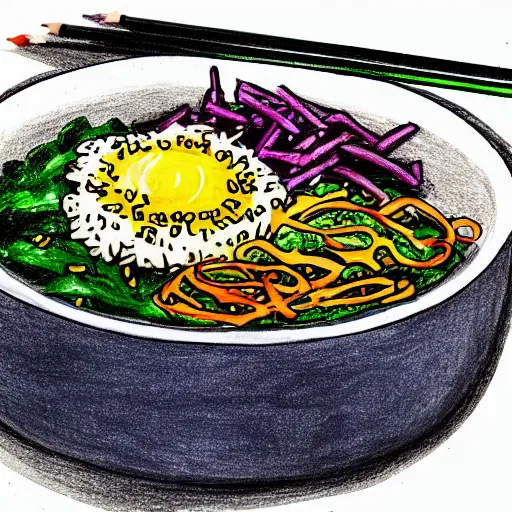 Prompt: a drawing of a roller coaster inside of a bowl of bibimbap