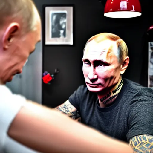 Image similar to putin at a tattoo shop. getting a tattoo of the letter z on his chest. canon eos r 3, f / 1. 4, iso 2 0 0, 1 / 1 6 0 s, 8 k, raw.