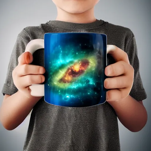 Prompt: a boy with dark eyes full of cosmic nebulae drowning in a roiling ocean of coffee spilling from a little coffee mug, nostalgic melancholic artwork