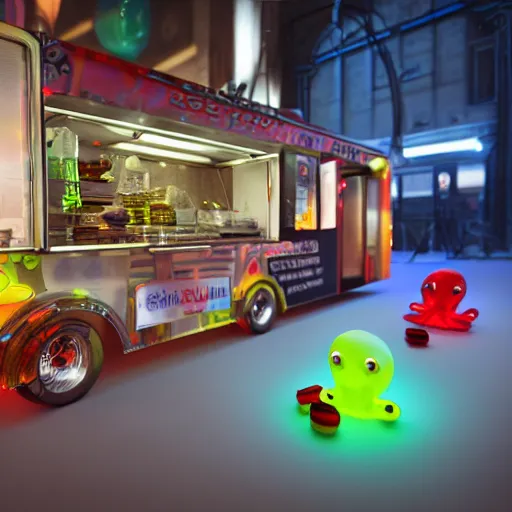 Image similar to medium shot of a a small edible gummi worm candy with cybernetics for sale from a food truck. the candy is displayed with dramatic product lighting, pearlescent. in the background a dim alley is illuminated by the food truck. unreal engine 5, octane 3 d, render.