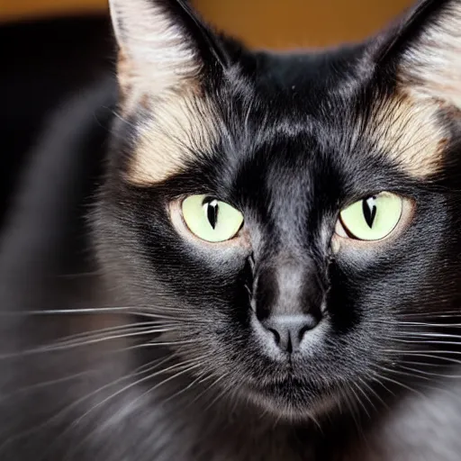 Image similar to a black cat with yellow eyes, missing some whiskers and standing up