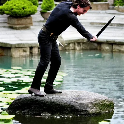 Image similar to Christopher Nolan movie shot of Christian Bale as Bruce Wane practicing sword fighting while standing on a stone in the middle of a small koi pond, Japanese bonsai plants