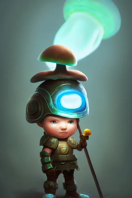 Image similar to super cute Bioluminescent boy warrior with a mushroom helmet character concept, soft light, soft mood, realistic body features and face, illustration, painting oil on canvas by Elena Zhurikhina and Goro Fujita and Charlie Bowater, octane render trending on artstation, 4k, 8k, HD