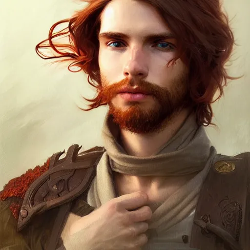 Prompt: portrait of a young curious ranger, male, masculine, upper body, red hair, long hair, soft hair, D&D, fantasy, intricate, elegant, highly detailed, digital painting, artstation, concept art, matte, sharp focus, illustration, art by Artgerm and Greg Rutkowski and Alphonse Mucha