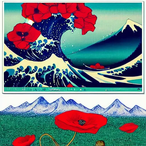 Image similar to a hokusai painting masterpiece exposed in Paris : a poppy field with a icy moutain in the background and a blue sky This 4K HD image is Trending on Artstation, featured on Behance, well-rendered, extra crisp