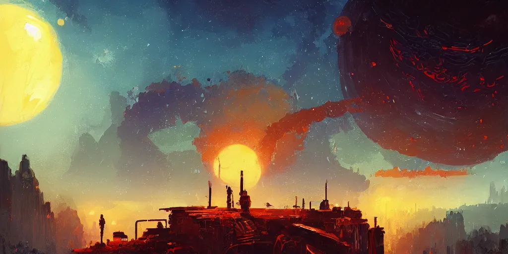 Image similar to a mysterious epic gouache painting of a steampunk planet by alena aenami in the style of romanticism art, trending on art station