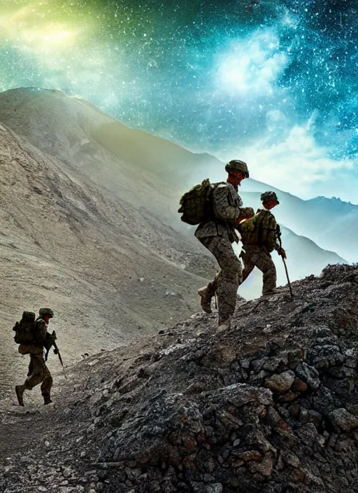 Prompt: two soldiers hiking in Afghanistan hills, digital art, galaxy sky, dramatic light, oscar winning movie poster, realistic, render, photorealistic intricate