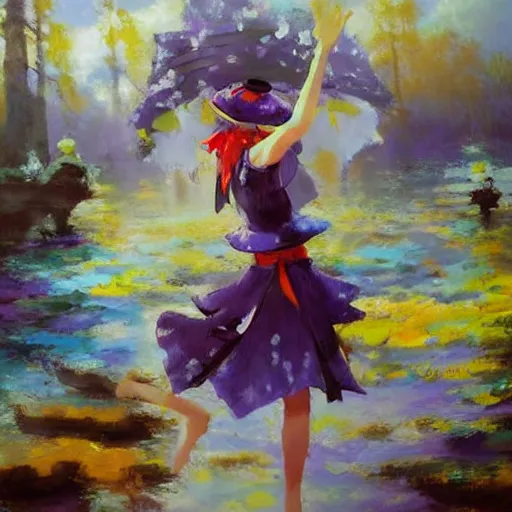 Prompt: Beautiful abstract impressionist painting of Kirisame Marisa from the Touhou project waving from afar, touhou project official artwork, danbooru, oil painting by Antoine Blanchard, wide strokes, pastel colors, soft lighting sold at an auction