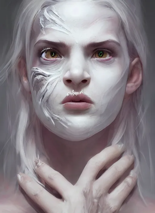 Prompt: portrait of beautiful girl with full pouty lips, skeksis, white face paint, bandaged nose, striking eyes, fullbody, insanely detailed, procedural rendering, greg rutkowski, charlie bowater, yuumei, yanjun cheng, unreal 5, daz, hyperrealistic, octane render, rpg portrait, dynamic lighting, fantasy art, beautiful face