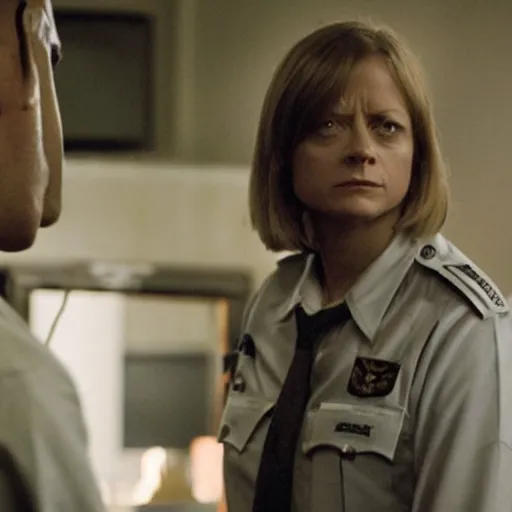 Prompt: a young f. b. i. cadet must receive the help of an incarcerated and manipulative cannibal killer to help catch another serial killer, a madman who skins his victims, jodie foster