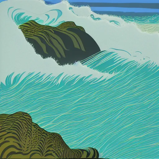 Prompt: top down view of a coastline with waves crashing on the shore, shades of blue, by eyvind earle