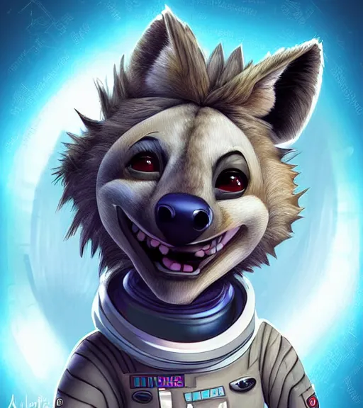 Image similar to digital detailed art of furry female hyena, in style of zootopia, fursona, furry, furaffinity, deviantart, wearing astronaut outfit, in style of mark arian, floating in space, space background, hyena fursona, cyberpunk, female, detailed face, style of artgerm,