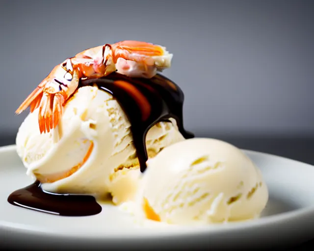 Image similar to dslr food photograph of vanilla ice cream with shrimp on, some chocolate sauce, 8 5 mm f 1. 4