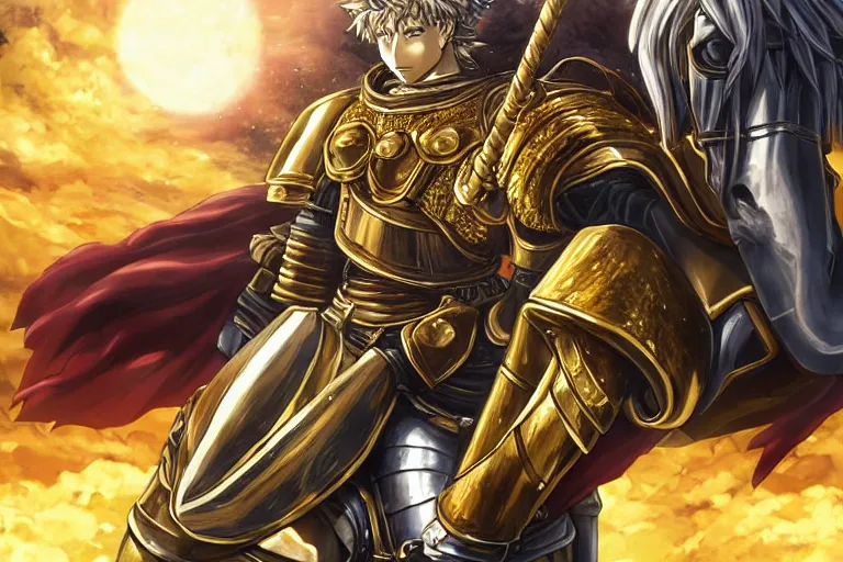 Image similar to an ultra detailed portrait of king richard the lionhearted as a paladin shonen anime protagonist charging into battle wearing bright gold armor and riding a horse blessed by god, epic anime fantasy, 8 k, volumetric lighting, smooth, highly detailed, digital illustration, art by kentaro miura and akira toriyama and artgerm