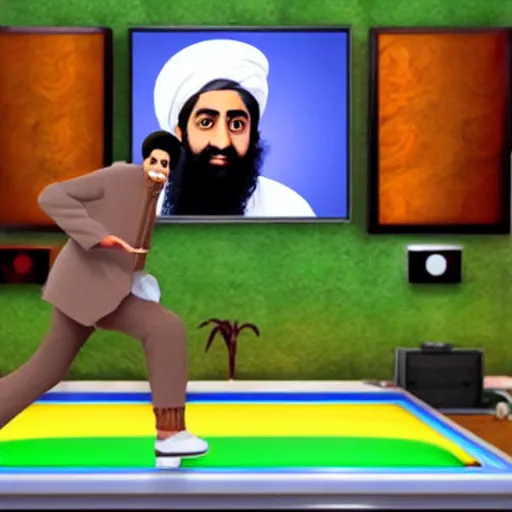 Prompt: Osama bin laden playing Wii bowling, realistic, 4k, hd, TV, plants