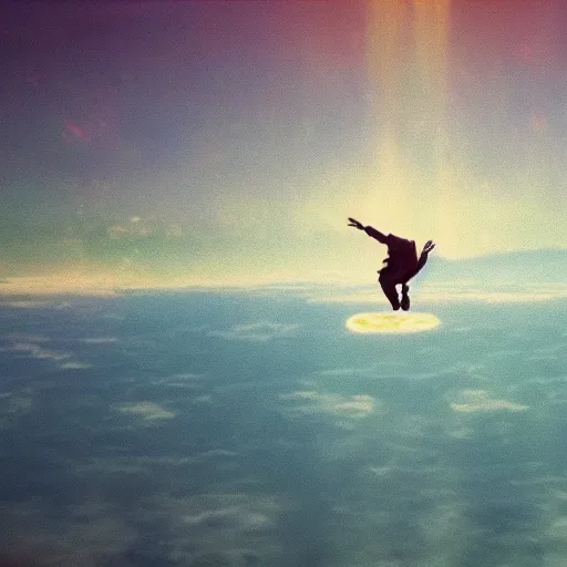 Image similar to Travis Scott floating over Earth, 4k, Aubrey Powell, vintage photo, beautiful cinematography, surreal, film grain