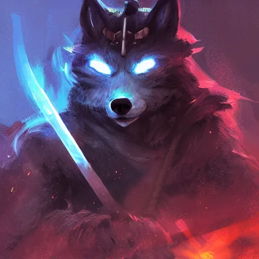 Image similar to anthropomorphic Azure samurai wolf, DnD character art portrait, fantasy battleground, raining, fire, oil painting, heroic pose, magic the gathering artwork, D&D, fantasy, cinematic lighting, centered, symmetrical, highly detailed, digital painting, artstation, concept art, smooth, sharp focus, illustration, volumetric lighting, epic Composition, 8k, art, DeviantArt, trending on Artstation, Jason Felix, Steve Argyle, Tyler Jacobson, Peter Mohrbacher, Akihiko Yoshida, Greg Rutkowski, Craig Mullins, Frank Frazetta, cinematic lighting