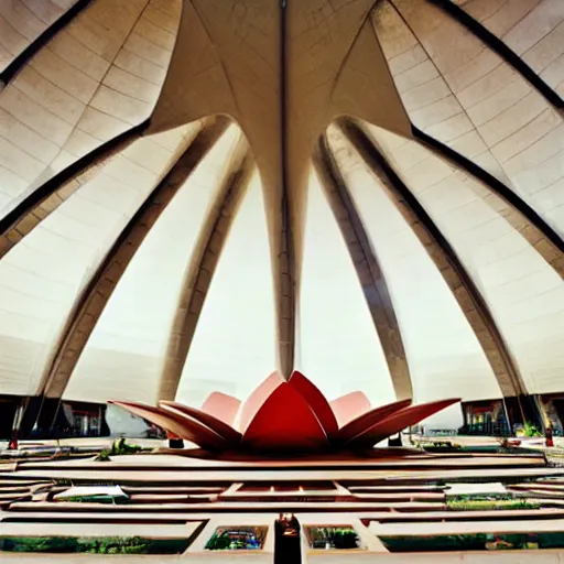 Image similar to interior of a futuristic lotus temple with gold, red and white marble panels, in the desert, by buckminster fuller and syd mead, intricate contemporary architecture, photo journalism, photography, cinematic, national geographic photoshoot