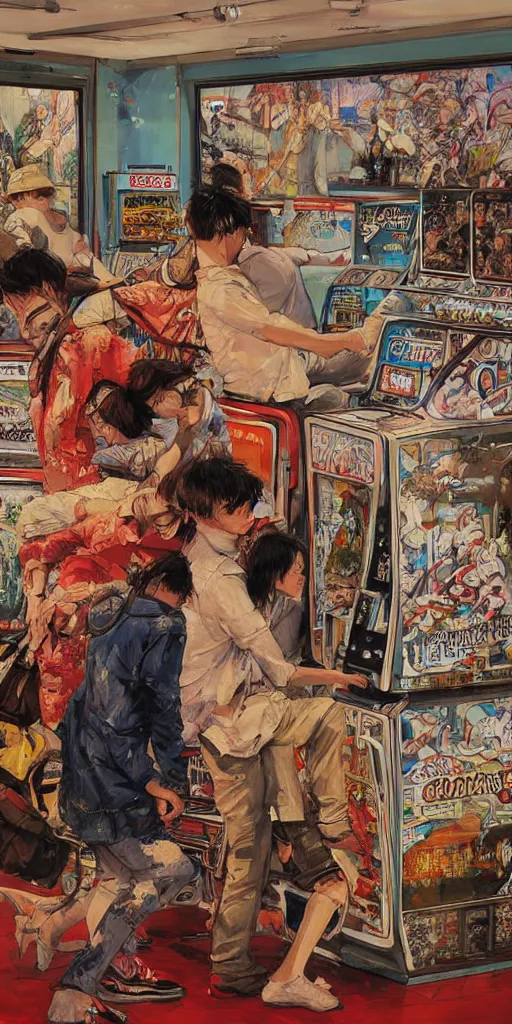 Image similar to oil painting scene from amusement arcade by kim jung gi