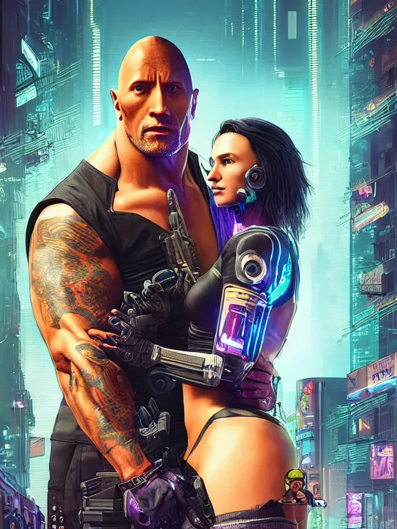 Image similar to a cyberpunk 2077 portrait of Dwayne Johnson holding a female android,love moive pose,complex mess of cables and wires behind them connected to giant computer,film lighting,by laurie greasley,Lawrence Alma-Tadema,William Morris,Dan Mumford, trending on atrstation,full of color,face enhance,sharp focus, highly detailed,8K, octane,golden ratio,cinematic lighting