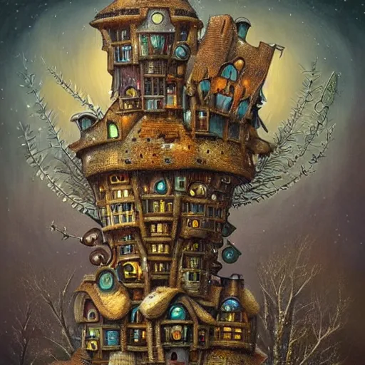 Image similar to a steampunk village built like a bie hive in a snowy forest , by Naoto Hattori,