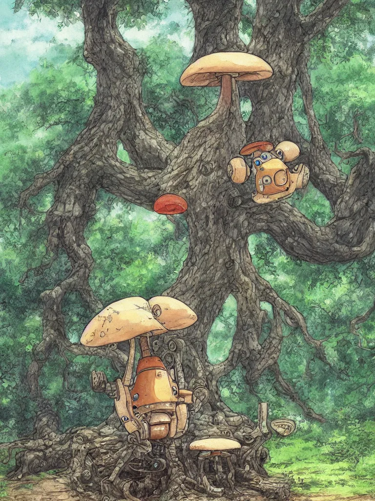 Image similar to hyper-realistic portrait painting of a rustic robot sitting under a tree, mushroom, in the style of Studio Ghibli, by Hayao Miyazaki, high quality, detailed, 8k, amazing, single robot