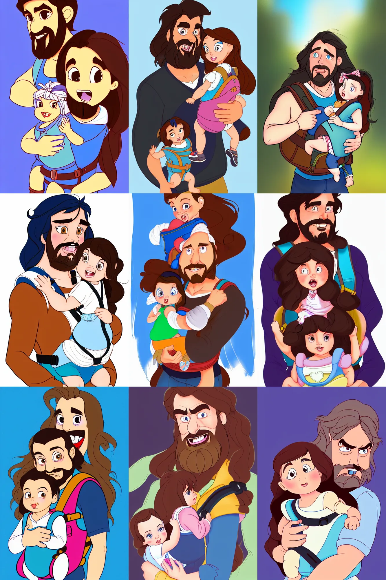 Image similar to a long - haired bearded father and his cartoonish brunette child toddler girl in a baby carrier full color digital illustration in the style of don bluth, artgerm, artstation trending, 4 k