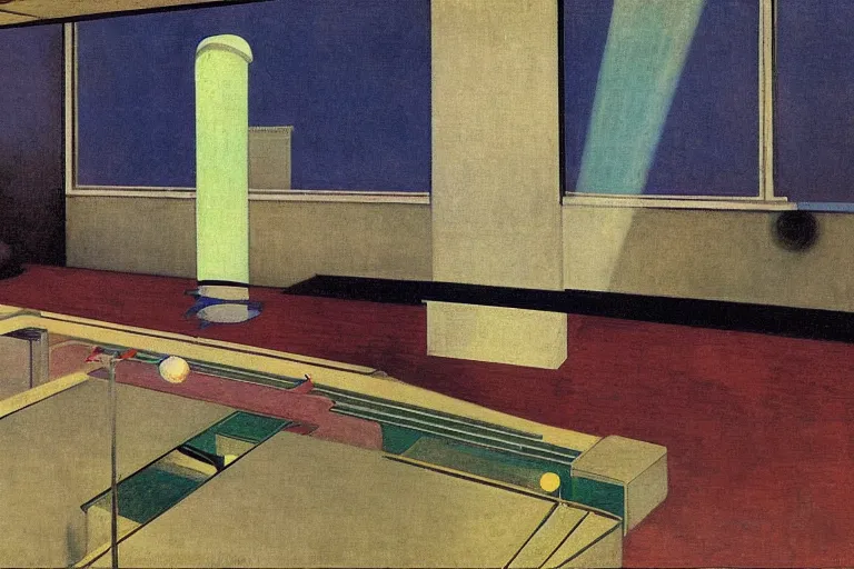 Prompt: 1920s cinematic aerial view of decorated surrealist cozy art deco secret underground bowling alley by Edward Hopper, the moon casts long exaggerated shadows, crystalline light rays refract dust, cool blacklight hue, impressionst oil painting on wood, big impressionist oil paint strokes, ukiyo-e print, japanese woodblock, aerial view