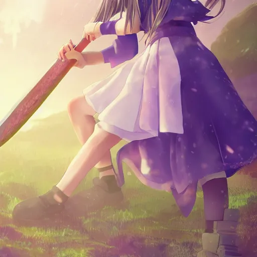 Image similar to advanced digital anime art, WLOP , a small school girl with silver hair wearing a violet dress and bare feet carrying a gigantic axe over the shoulder looking unimpressed , DOF, Gaussian Blur, —W 1920