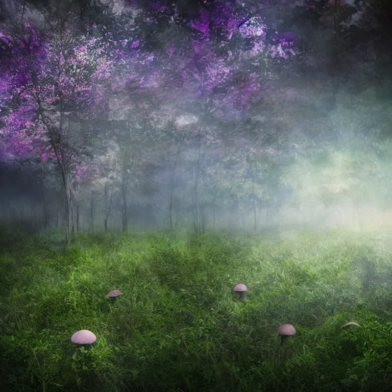 Image similar to a planet of various fungus like trees, mushrooms, flowers and plants, artistic photography, conceptual, long exposure outside the city, volumetric light