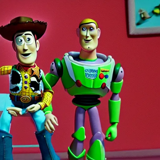 Image similar to scene from claymation toy story directed by wes anderson, 4 : 3 aspect ratio