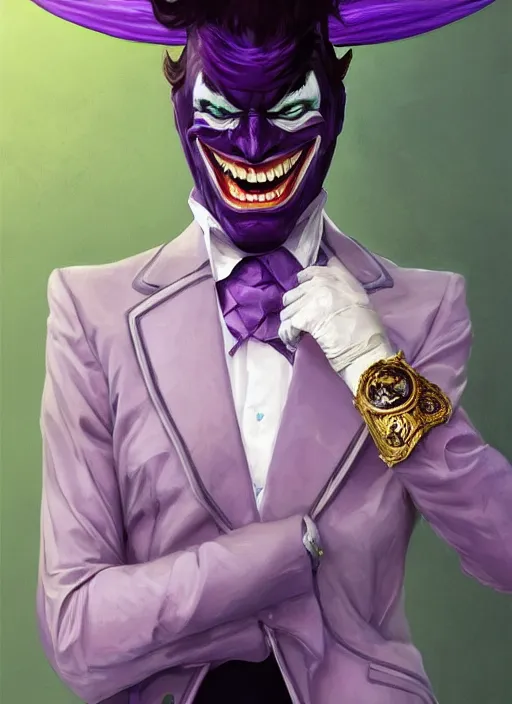 Prompt: portrait of opulent Joker, laughing pose, sigma male, gigachad, medium black hair, batman crown, purple luxurious suit, fantasy, elegant, realistic, highly detailed, digital painting, artstation, concept art, smooth, sharp focus, illustration, art by artgerm and greg rutkowski and alphonse mucha