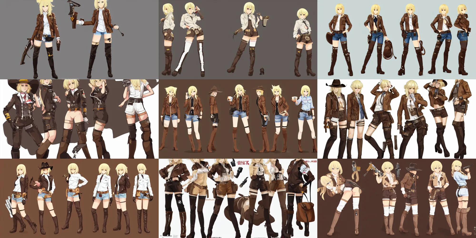 Prompt: a blond-haired female, cow-girl, short blond hair, wearing a brown leather jacket, ten-gallon hat and white stockings, high boots, revolver pistol, anime character; full body art, in the Japanese fantasy videogame; character reference sheet; trending on artstation, highly detailed, clean lineart, vector line art, clean, by Ilya kuvshinnikov, black background