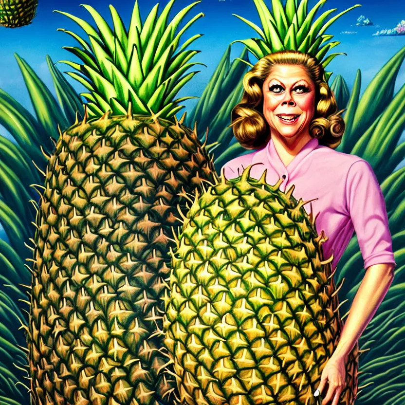 Prompt: a photorealistic detailed image of elizabeth montgomery in a giant pineapple costume, spiritualism, wordly, utopian, triumphant, cinematic, epic, grandiose, unhinged, biology, surrealistic, by jason felix, dan mumford, kinkade, lisa frank, lois van baarle, ross tran, wpa, public works mural, orthodoxy