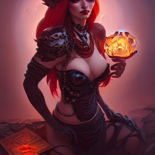 Image similar to demoness, female, d & d, fantasy, intricate, elegant, highly detailed, digital painting, artstation, octane render, concept art, matte, sharp focus, illustration, hearthstone, art by artgerm and jesper ejsing and alphonse mucha