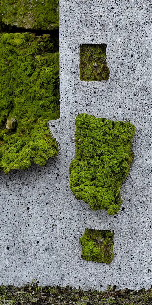 Image similar to a cast block of concrete. The block is centered in the frame and on a white background. The block is highly eroded. Moss is growing in the eroded crevices.