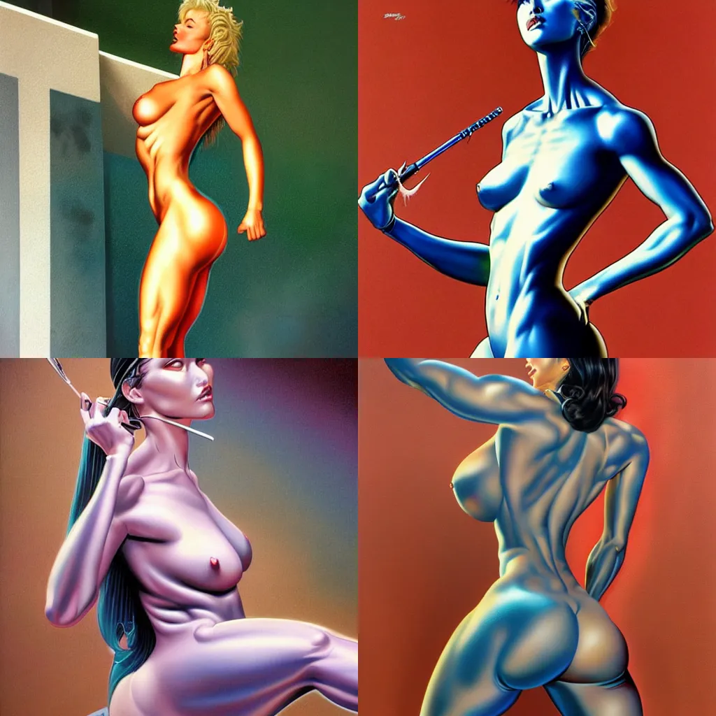 Prompt: of a girl with graffiti painted over her body, by hajime sorayama and boris vallejo