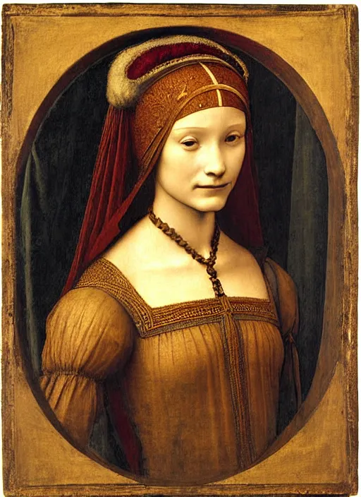 Image similar to portrait of young woman in renaissance dress and renaissance headdress, art by leonardo da vinci