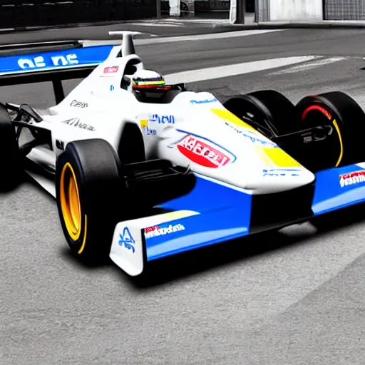 Image similar to alpine renault formula 1 car in the style of gundam, racing through tokyo streets