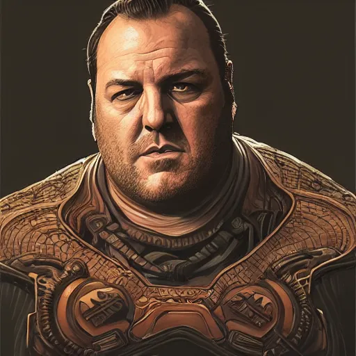 Image similar to “Portrait of James Gandolfini marvel comics, dark, intricate, fantasy, intricate, elegant, highly detailed, digital painting, artstation, concept art, matte, sharp focus ,highly detailed, smooth, artstation, digital illustration by Ruan Jia and Mandy Jurgens and Artgerm and Wayne Barlowe and Greg Rutkowski and Frank Frazetta”