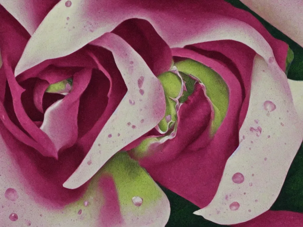 Prompt: a close up of a rose, with drops of water on the petals, by georgia o'keeffe