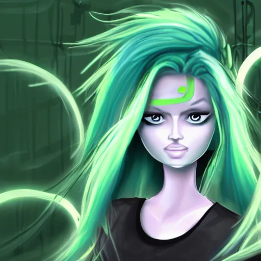 Prompt: a beautiful cyclops girl with green hair wearing a labcoat, digital art