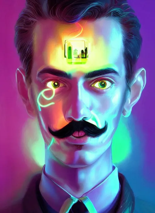 Image similar to symmetry!! a portrait young tech mage with a salvador dali moustache and a soul patch by artgerm and greg rutkowski, purple and green colors, neon light, volumetric lighting, mystical vibe, magical, very detailed, intricate, 4 k