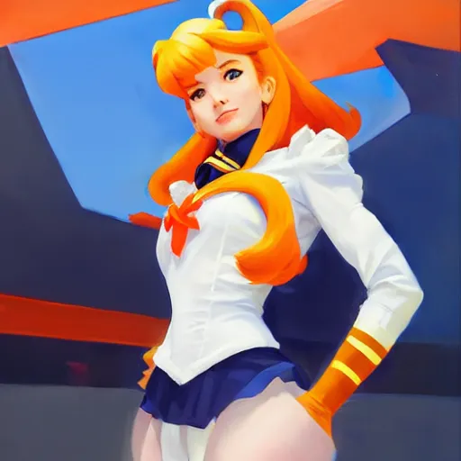 Image similar to greg manchess portrait painting of sailor venus as overwatch character, medium shot, asymmetrical, profile picture, organic painting, sunny day, matte painting, bold shapes, hard edges, street art, trending on artstation, by huang guangjian and gil elvgren and sachin teng