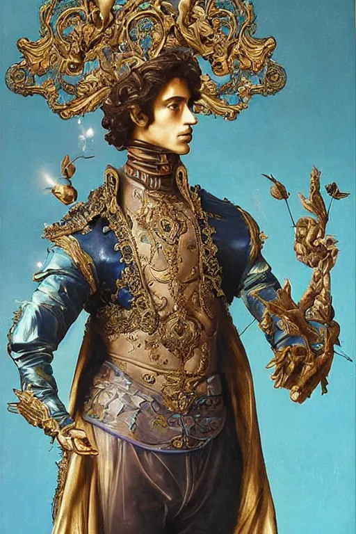 Image similar to a young handsome Spanish prince in a full-body bronze cyberpunk style statue of an android with glowing blue eyes with an open chest exposing a sparking motherboard chip, crown of peach roses, flowing teal-colored silk, fabric, flowers. baroque elements, human skull. full-length view. baroque element. intricate artwork by caravaggio. many many birds birds on background. Trending on artstation, octane render, cinematic lighting from the right, hyper realism, octane render, 8k, depth of field, 3D